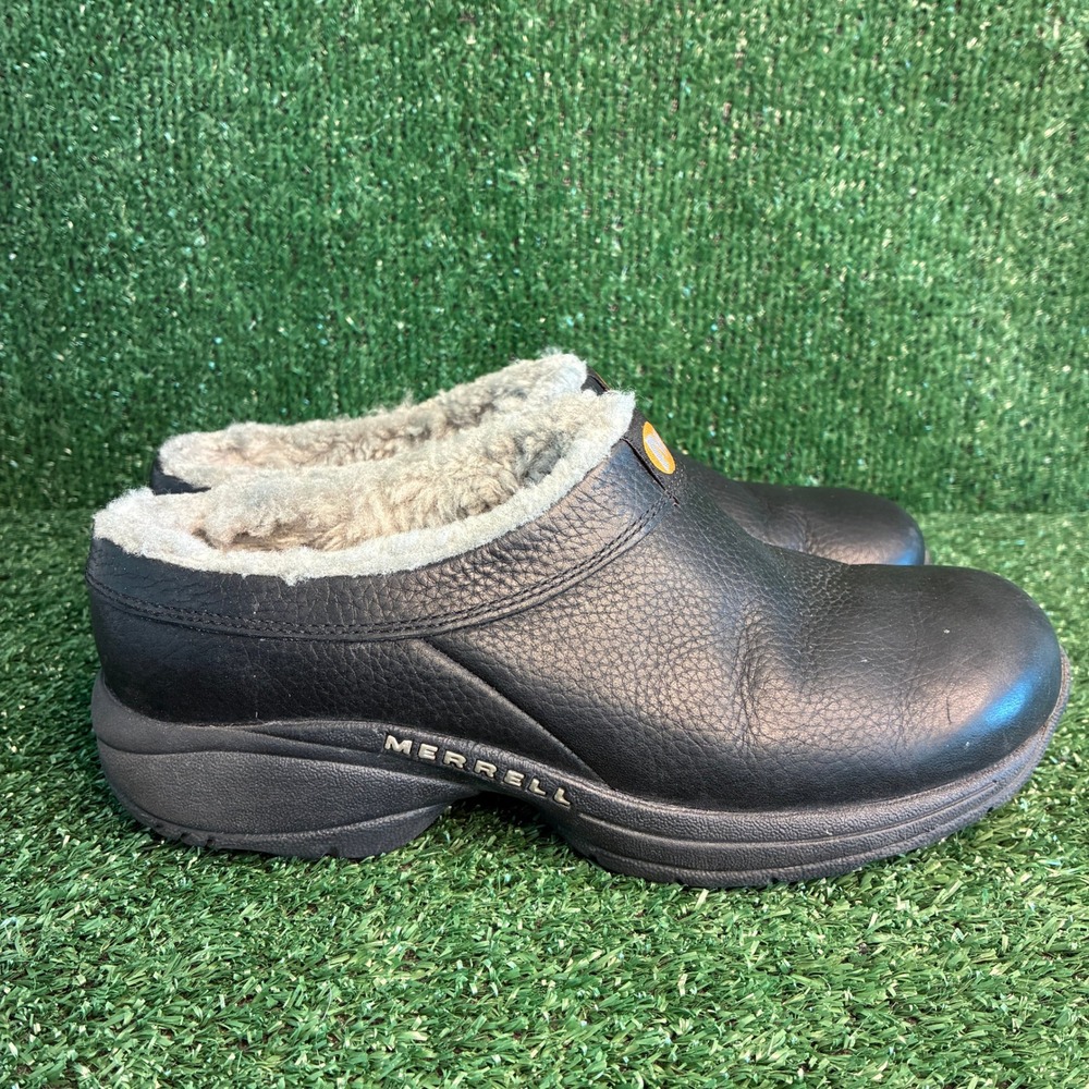 Merrell Encore Ice Leather Faux Fur Lined Slip On Comfort Clog Black Womens Sz 8